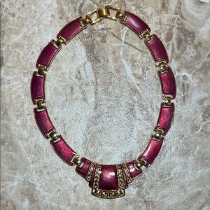 Vintage Art Deco Pink Enamel and Gold Colored Linked Necklace